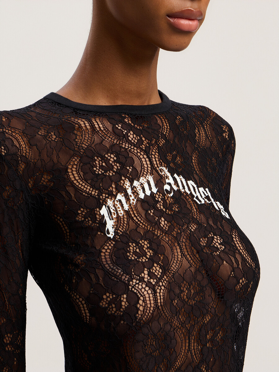 body de encaje con logotipo curvo