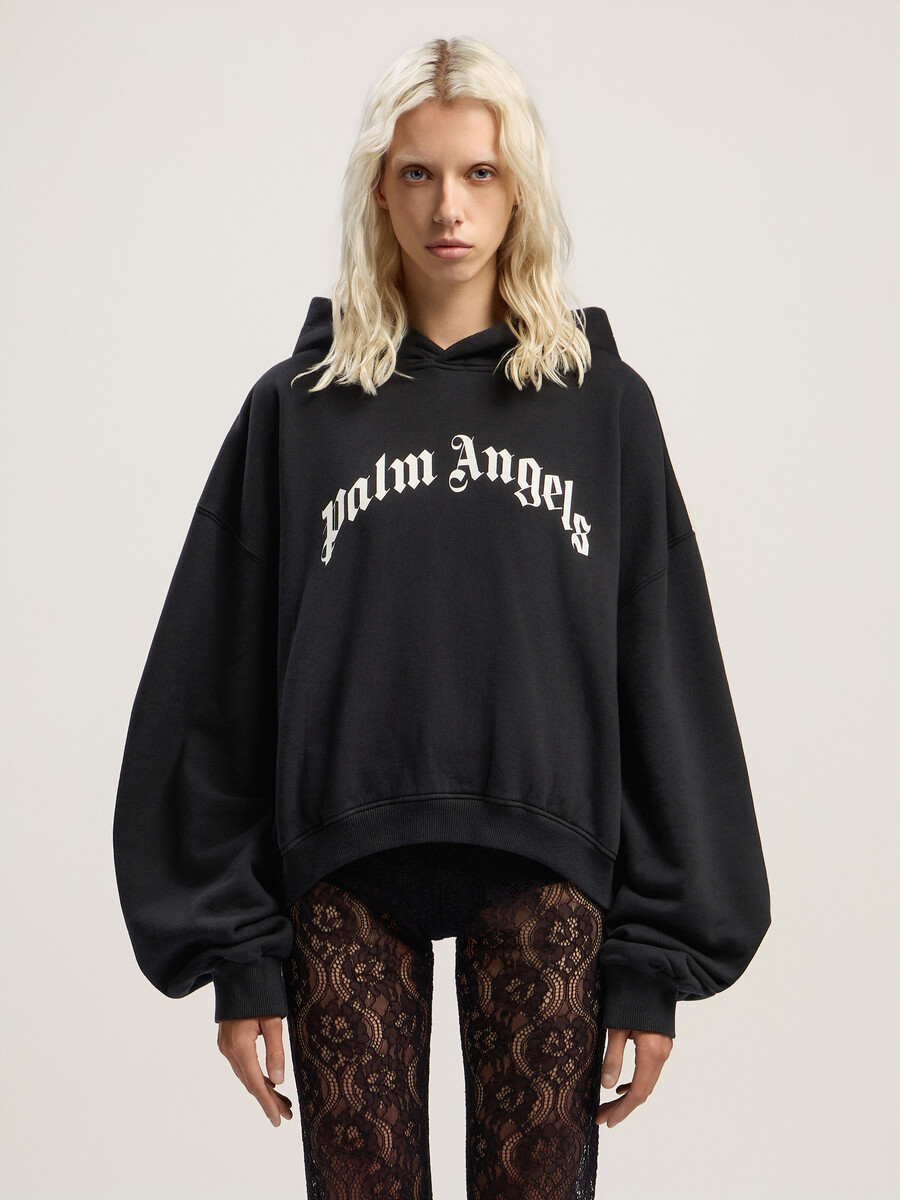 sudadera corta con capucha y logotipo curvo
