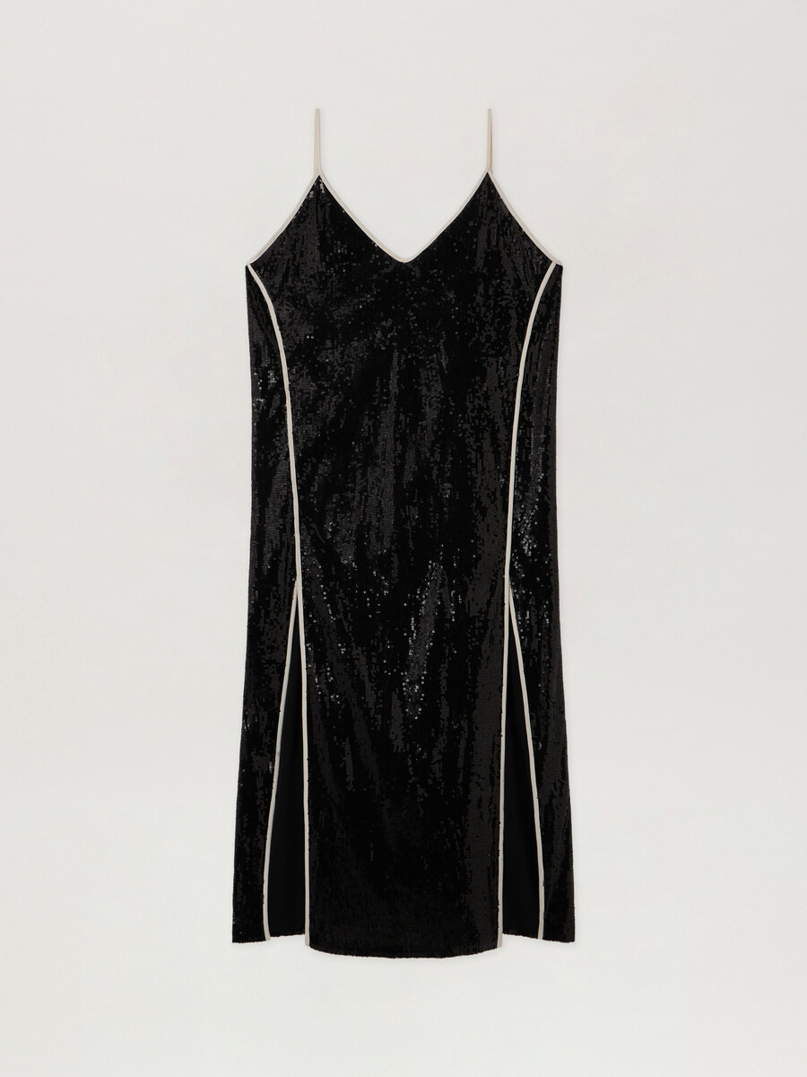 vestido lencero con lentejuelas y logotipo curvo
