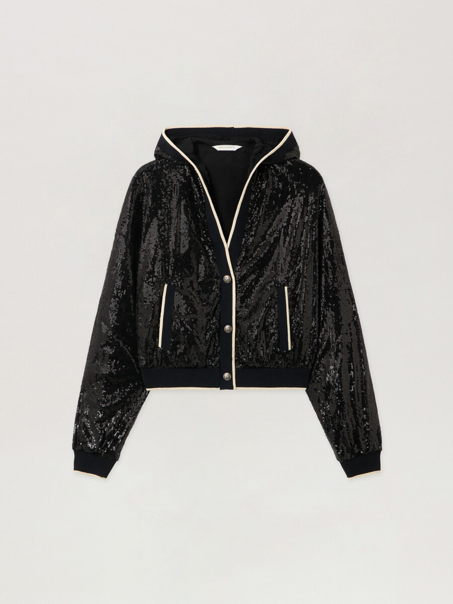 chaqueta corta con lentejuelas y logotipo curvo
