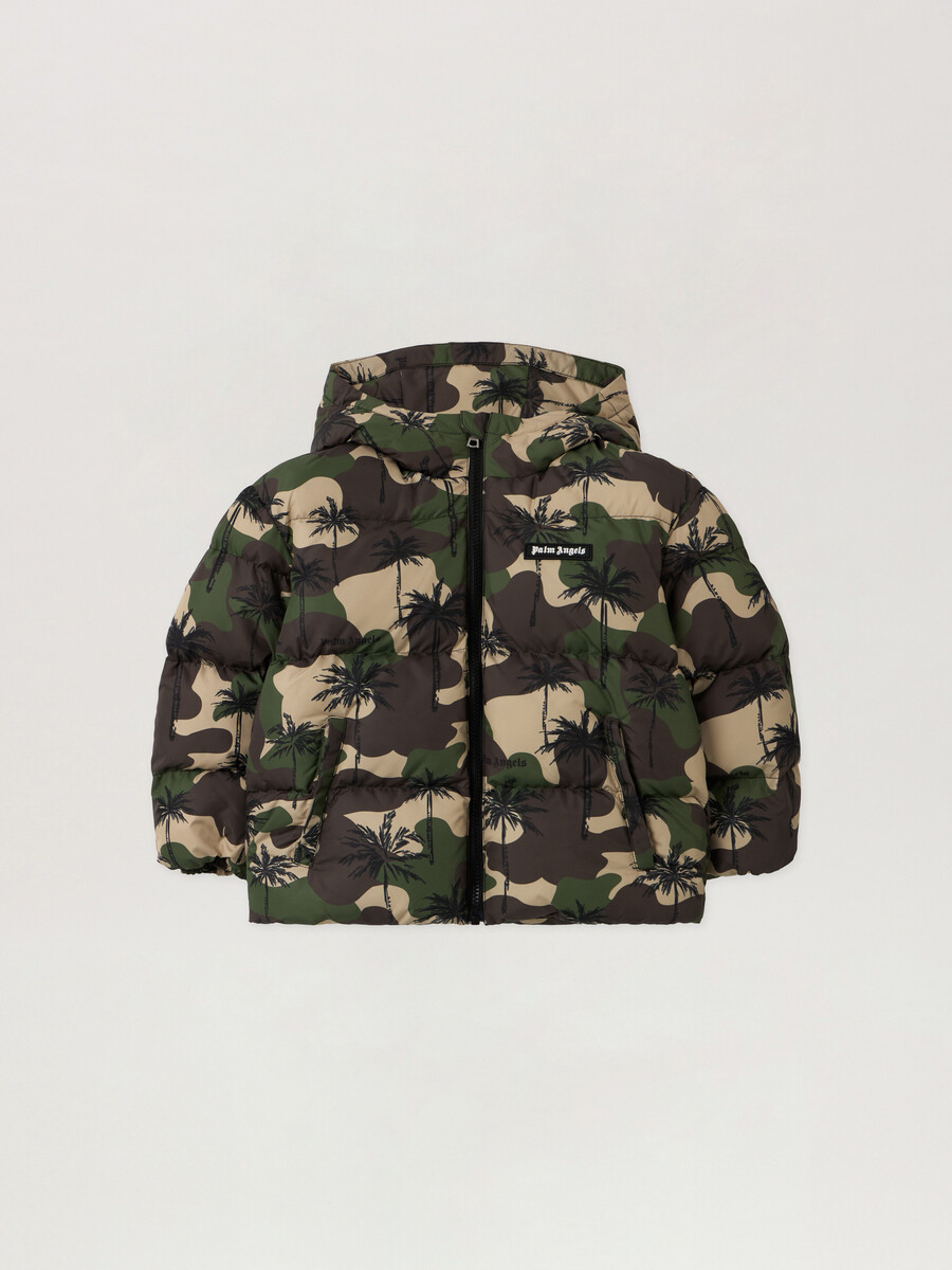 chaqueta acolchada con capucha y palmeras de camuflaje