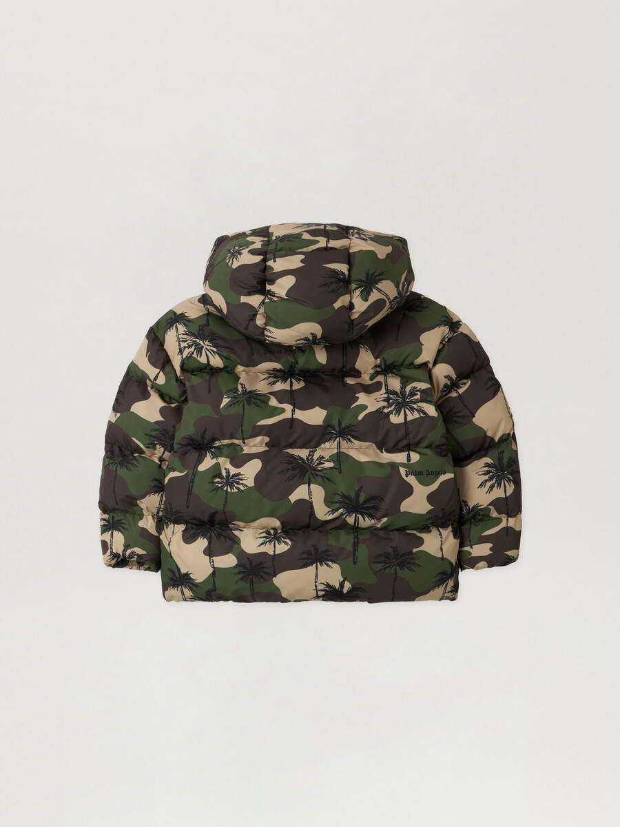 chaqueta acolchada con capucha y palmeras de camuflaje