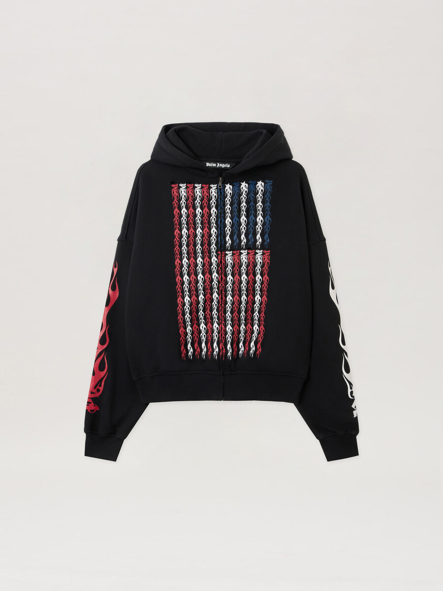 sudadera con capucha y cremallera con la bandera de las llamas